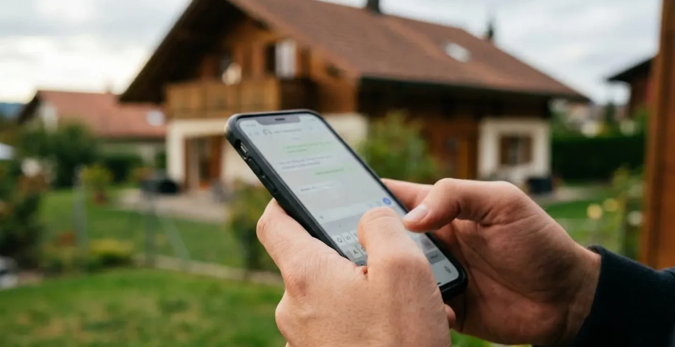 Nahaufnahme einer Hand, die auf einem Smartphone tippt, im Hintergrund unscharf ein typisches Schweizer Einfamilienhaus