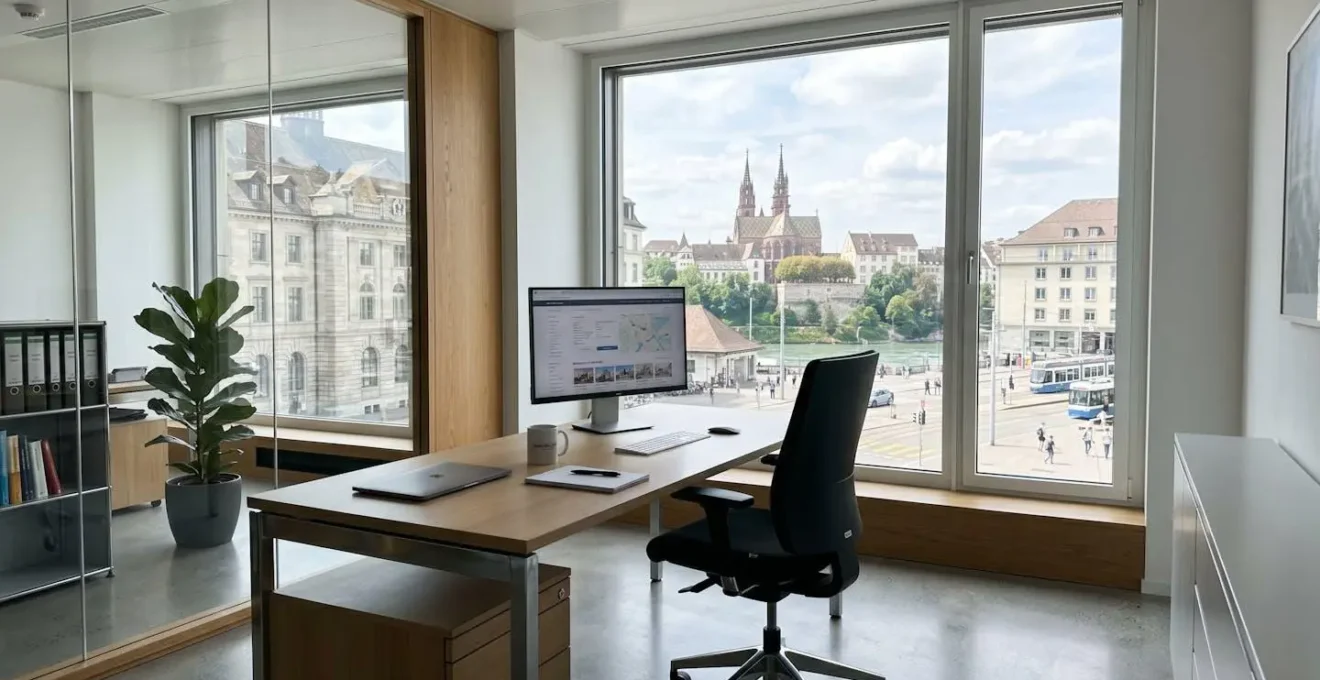 Helles modernes Immobilienbüro in Basel mit großem Fenster, aufgeräumtem Schreibtisch und unscharfem Bildschirm mit Immobilienanzeigen
