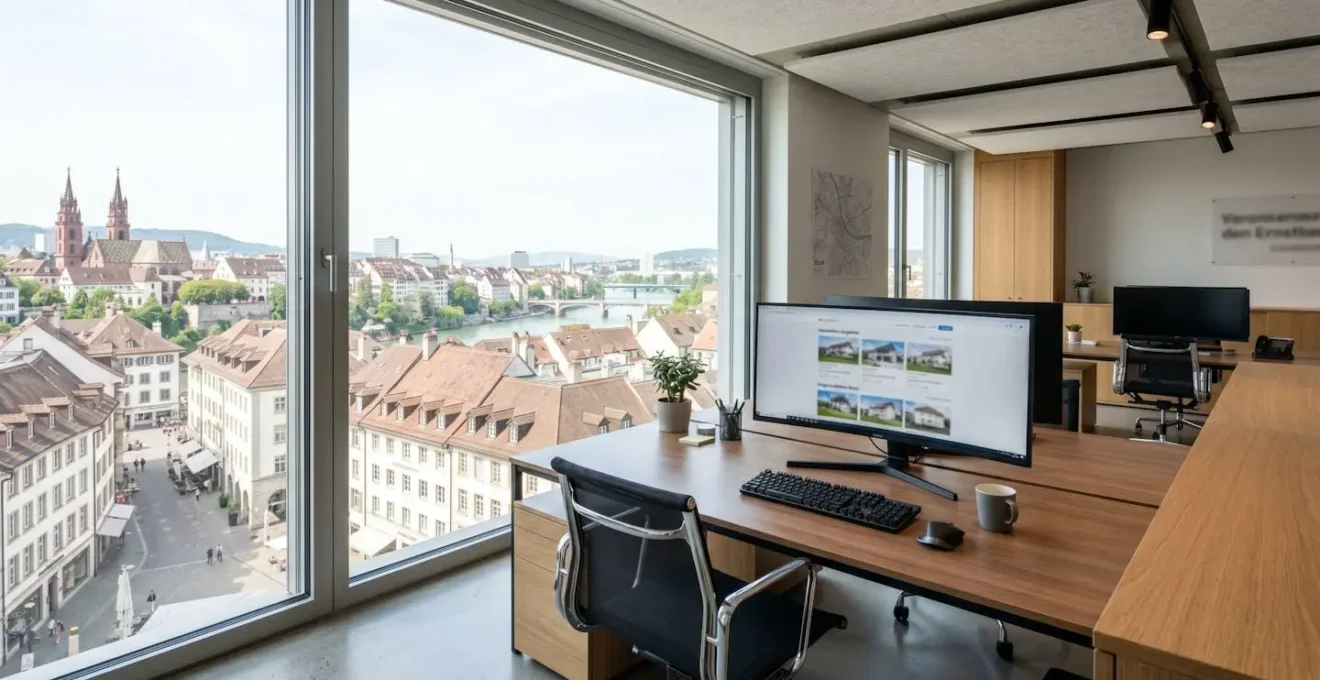 Helles modernes Immobilienbüro in Basel mit großem Fenster, aufgeräumtem Schreibtisch und unscharfem Bildschirm mit Immobilienanzeigen