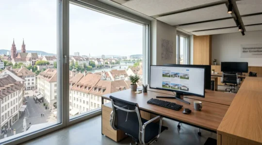 Helles modernes Immobilienbüro in Basel mit großem Fenster, aufgeräumtem Schreibtisch und unscharfem Bildschirm mit Immobilienanzeigen