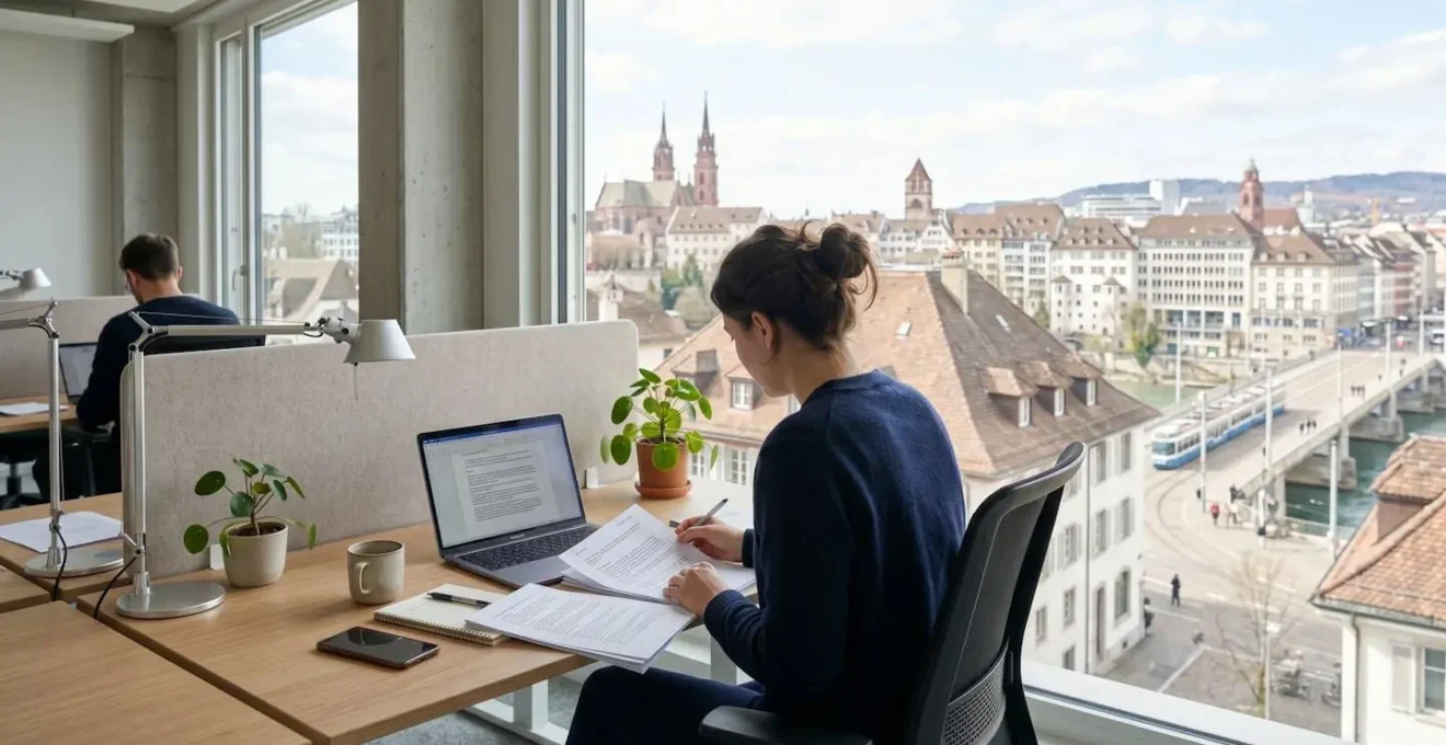 Person in Rückenansicht sitzt an modernem Schreibtisch und prüft Dokumente oder Laptop in hellem zeitgenössischen Büro, Basler Stadtarchitektur durch Fenster sichtbar