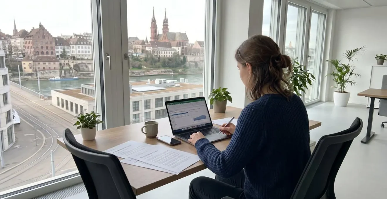 Person in Rückenansicht sitzt an modernem Schreibtisch und prüft Dokumente oder Laptop in hellem zeitgenössischen Büro, Basler Stadtarchitektur durch Fenster sichtbar