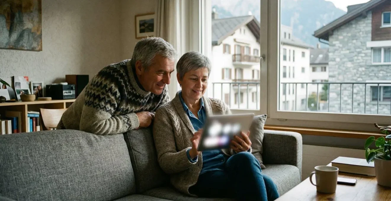 Ein Schweizer Paar mittleren Alters sitzt auf dem Sofa und betrachtet gemeinsam ein Tablet, durch das Fenster ist typische Schweizer Architektur sichtbar