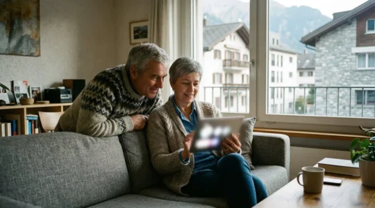 Ein Schweizer Paar mittleren Alters sitzt auf dem Sofa und betrachtet gemeinsam ein Tablet, durch das Fenster ist typische Schweizer Architektur sichtbar