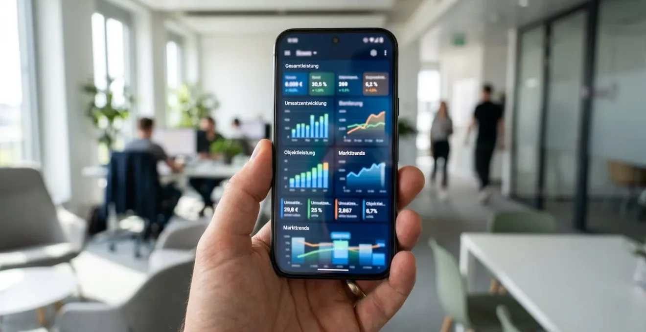 Extreme Nahaufnahme eines modernen Smartphones mit unscharfem Dashboard für Immobilien-Performance-Metriken, Hand teilweise sichtbar, heller Büro-Hintergrund
