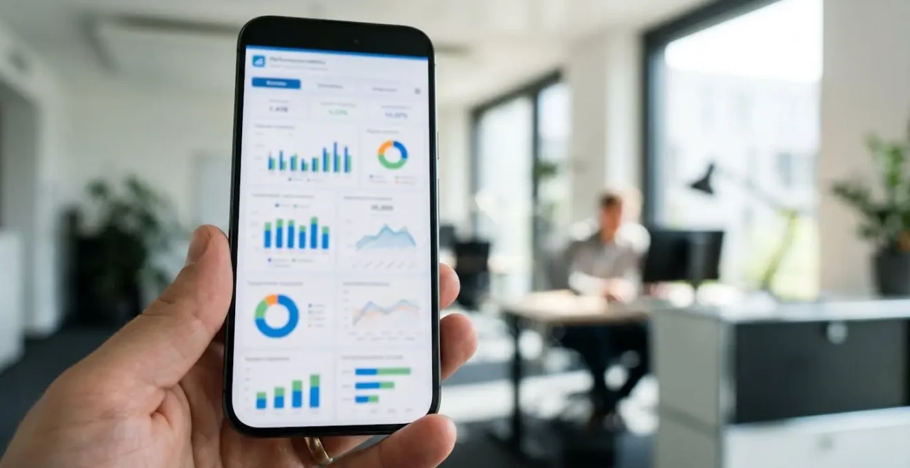 Extreme Nahaufnahme eines modernen Smartphones mit unscharfem Dashboard für Immobilien-Performance-Metriken, Hand teilweise sichtbar, heller Büro-Hintergrund