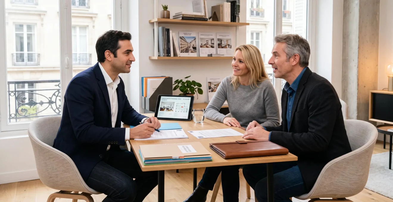 Professioneller Immobilienberater in moderner Pariser Agentur im Beratungsgespräch mit deutschem Käuferpaar vor Unterlagen und Tablet mit Pariser Wohnungsangeboten