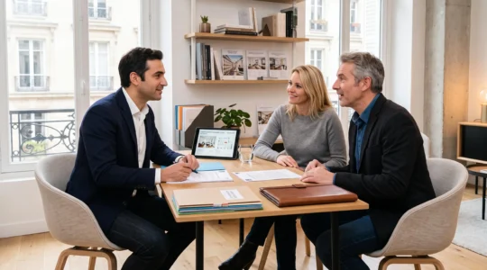 Professioneller Immobilienberater in moderner Pariser Agentur im Beratungsgespräch mit deutschem Käuferpaar vor Unterlagen und Tablet mit Pariser Wohnungsangeboten