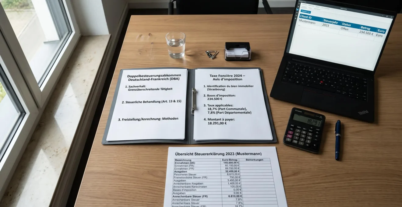 Schreibtisch eines Steuerberaters mit deutsch-französischen Steuerdokumenten zum Doppelbesteuerungsabkommen und Berechnungen zu Notarkosten und Taxe foncière