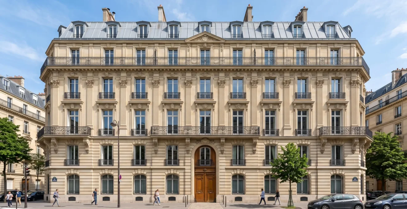 Typische haussmannische Immobilienfassade in Paris mit charakteristischen Balkonen aus Schmiedeeisen und Sandsteinfront