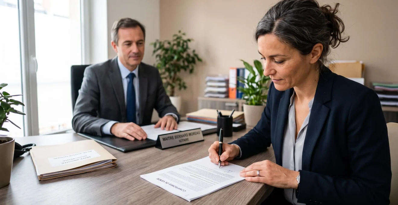 Unterzeichnung des Compromis de vente im französischen Notarbüro - entscheidende vertragliche Etappe des Pariser Immobilienkaufs